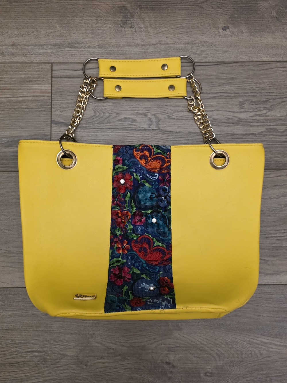 Yellow Tote Bag with Floral Embroidered Stripe